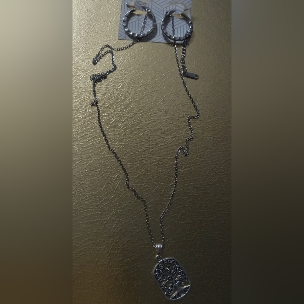 Silver Necklace Tree Of Life Chain & Simple Earrings Set Design By Me.